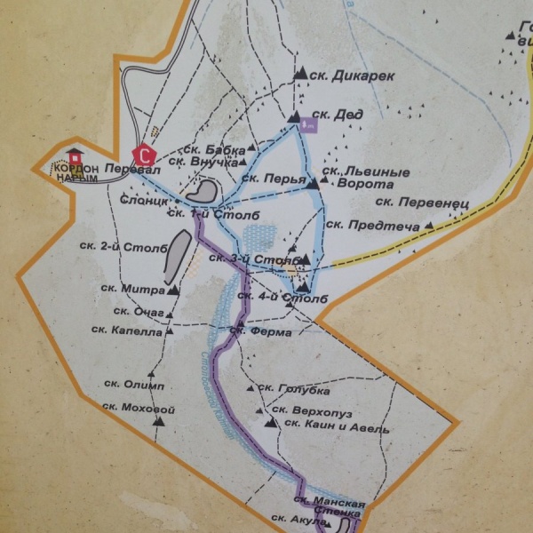 Карта красноярских столбов с тропами километровка